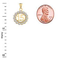 Solid Gold Cubic Zirconia 15 Años Quinceañera Round Pendant Necklace (Available in Yellow/Rose/White Gold)