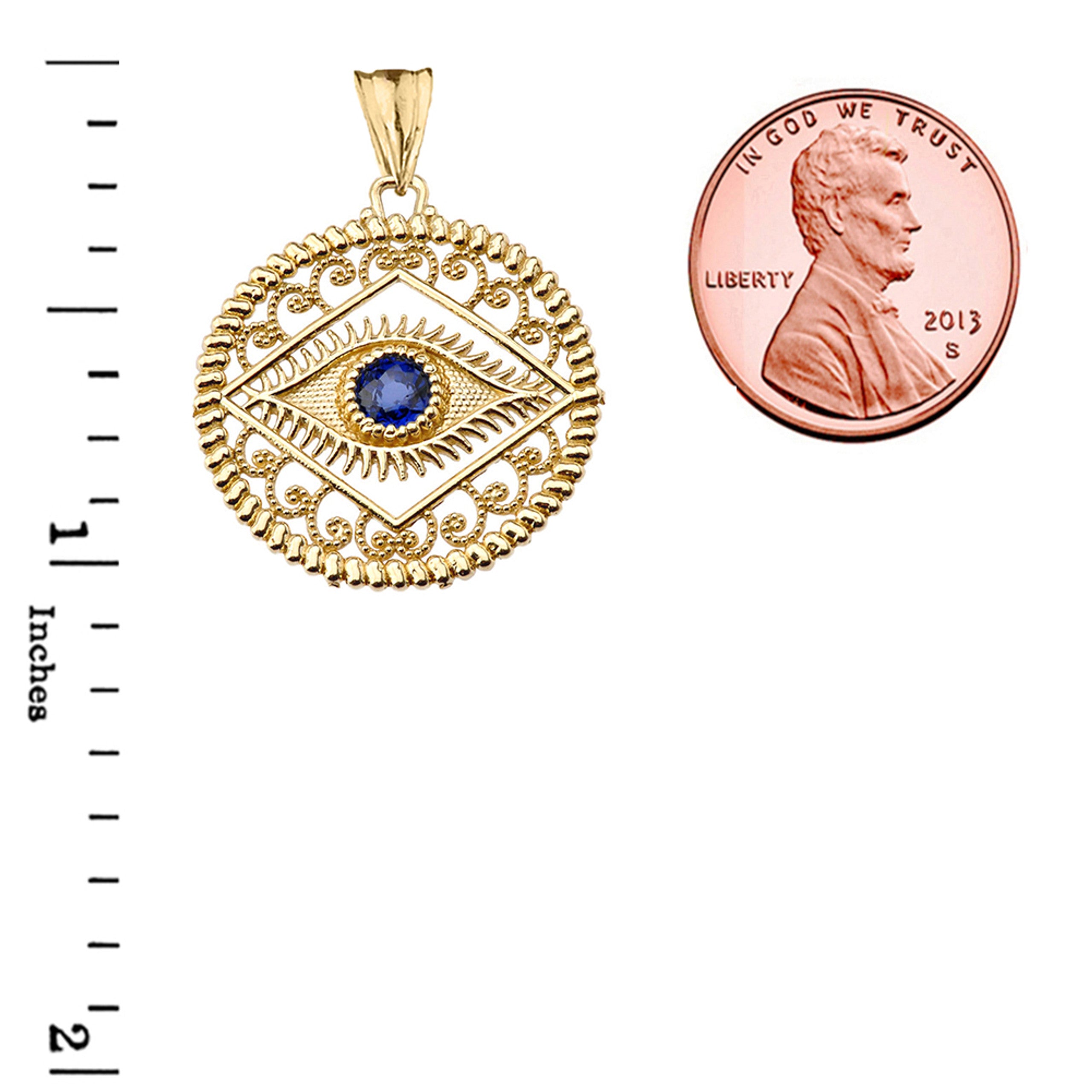 Solid Gold Round Filigree Evil Eye Pendant Necklace(Available In Yellow/Rose/White Gold)