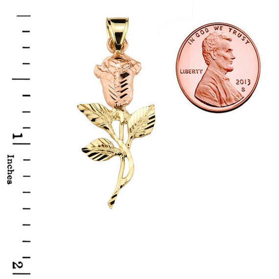 Two-Tone Gold Diamond Cut Rose Flower Pendant Necklace