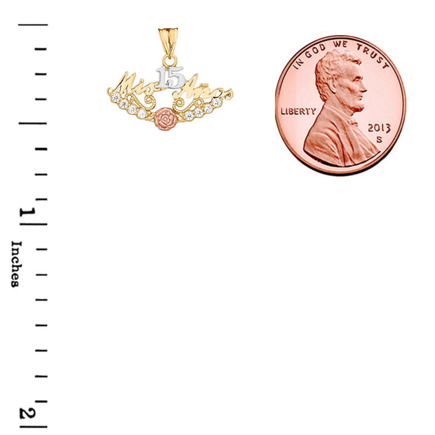 Tri-Color Gold Cubic Zirconia Mis 15 Años Flower Quinceañera Pendant Necklace (Available in Yellow/Rose/White Gold)