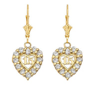 Gold Cubic Zirconia Heart 15 Años Quinceañera Leverback Earrings (Available in Yellow/Rose/White Gold)