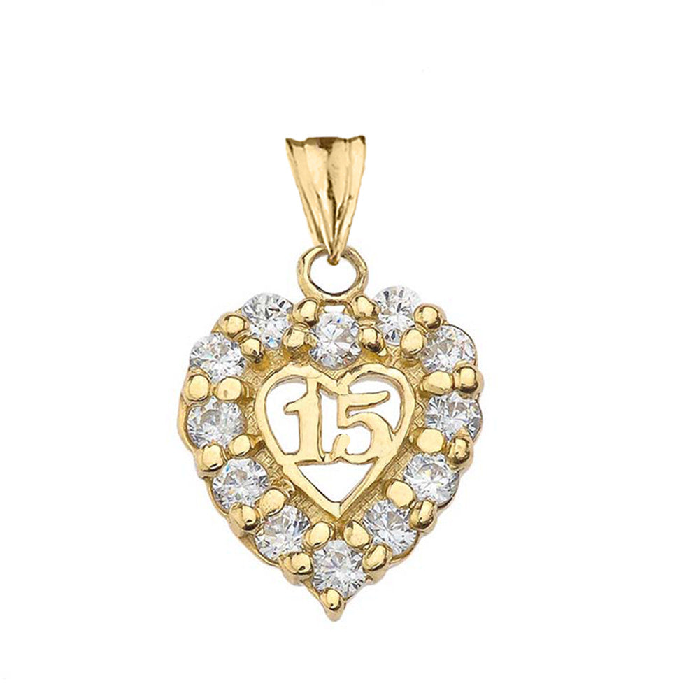 Gold Cubic Zirconia Heart 15 Años Quinceañera Pendant Necklace(Available in Yellow/Rose/White)