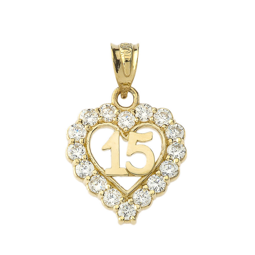 Gold 15 Años Quinceañera Heart Pendant Necklace with Cubic Zirconia (Available in Yellow Gold, Rose Gold, White Gold)