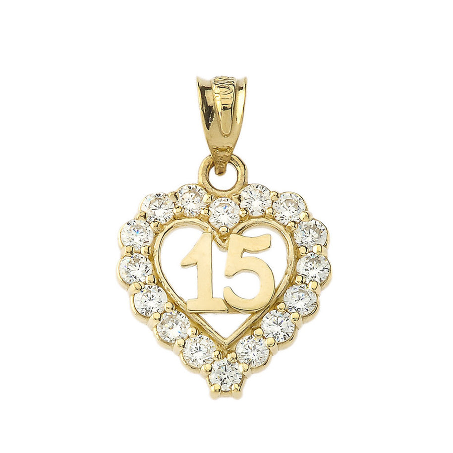 Gold 15 Años Quinceañera Heart Pendant Necklace with Cubic Zirconia (Available in Yellow Gold, Rose Gold, White Gold)
