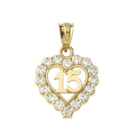 Gold 15 Años Quinceañera Heart Pendant Necklace with Cubic Zirconia (Available in Yellow Gold, Rose Gold, White Gold)
