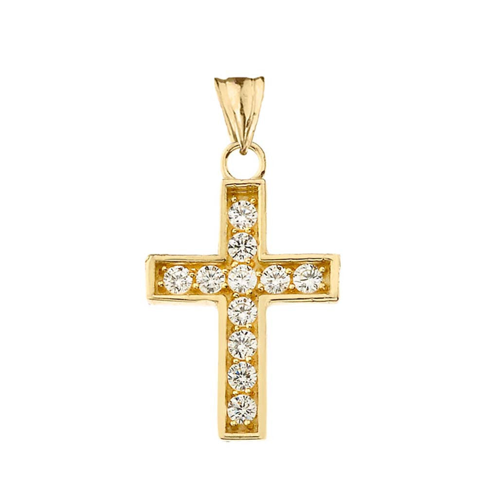 Gold Cubic Zirconia Cross Religious Pendant Necklace (Available in Yellow/Rose/White Gold)