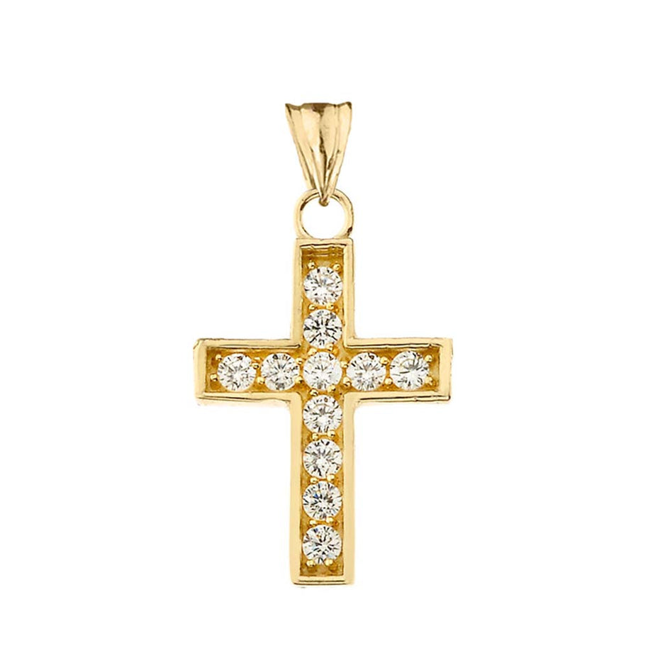 Gold Cubic Zirconia Cross Religious Pendant Necklace (Available in Yellow/Rose/White Gold)