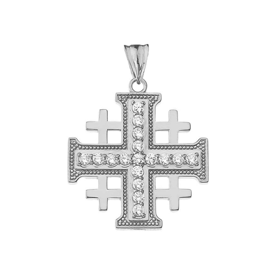 Gold Cubic Zirconia Jerusalem Cross Pendant Necklace (Available in Yellow/Rose/White Gold)