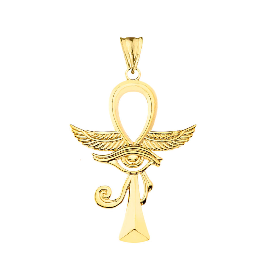 Gold Egyptian Winged Ankh Cross Eye of Horus Pendant Necklace (Available in Yellow/Rose/White Gold)