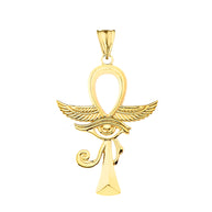 Gold Egyptian Winged Ankh Cross Eye of Horus Pendant Necklace (Available in Yellow/Rose/White Gold)