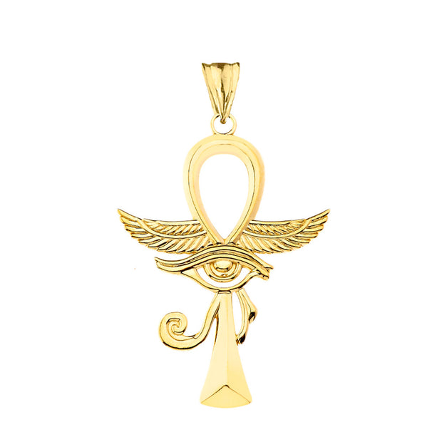 Gold Egyptian Winged Ankh Cross Eye of Horus Pendant Necklace (Available in Yellow/Rose/White Gold)