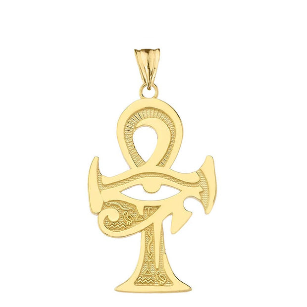 Gold Egyptian Ankh Cross Eye of Horus Pendant Necklace (Available in Yellow/Rose/White Gold)