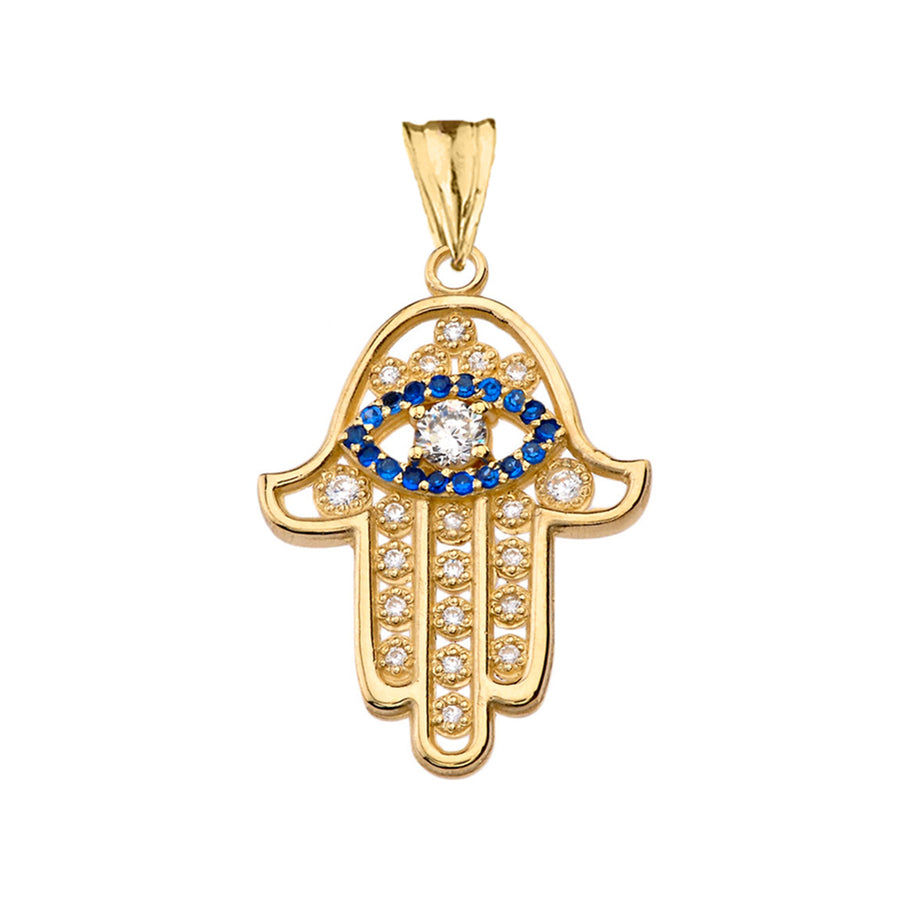 Chic Zirconia & September Birthstone Hamsa Evil Eye Pendant Necklace in Yellow Gold