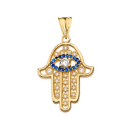 Chic Zirconia & September Birthstone Hamsa Evil Eye Pendant Necklace in Yellow Gold