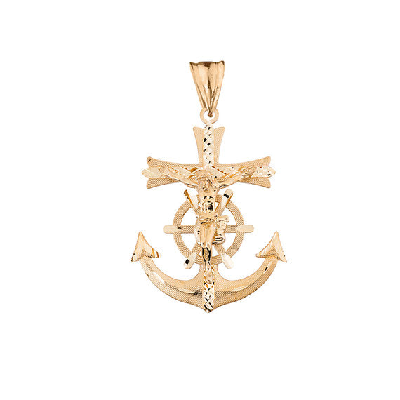 Solid Gold Mariners Anchor Crucifix Pendant Necklace(Available in Yellow/Rose/White/Two Tone Gold)