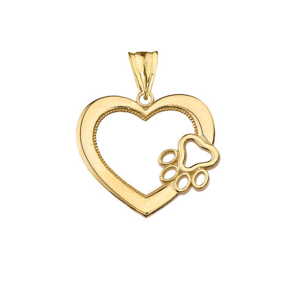 Gold Heart Pet Dog Paw Print Pendant Necklace (Available in Yellow/Rose/White Gold)