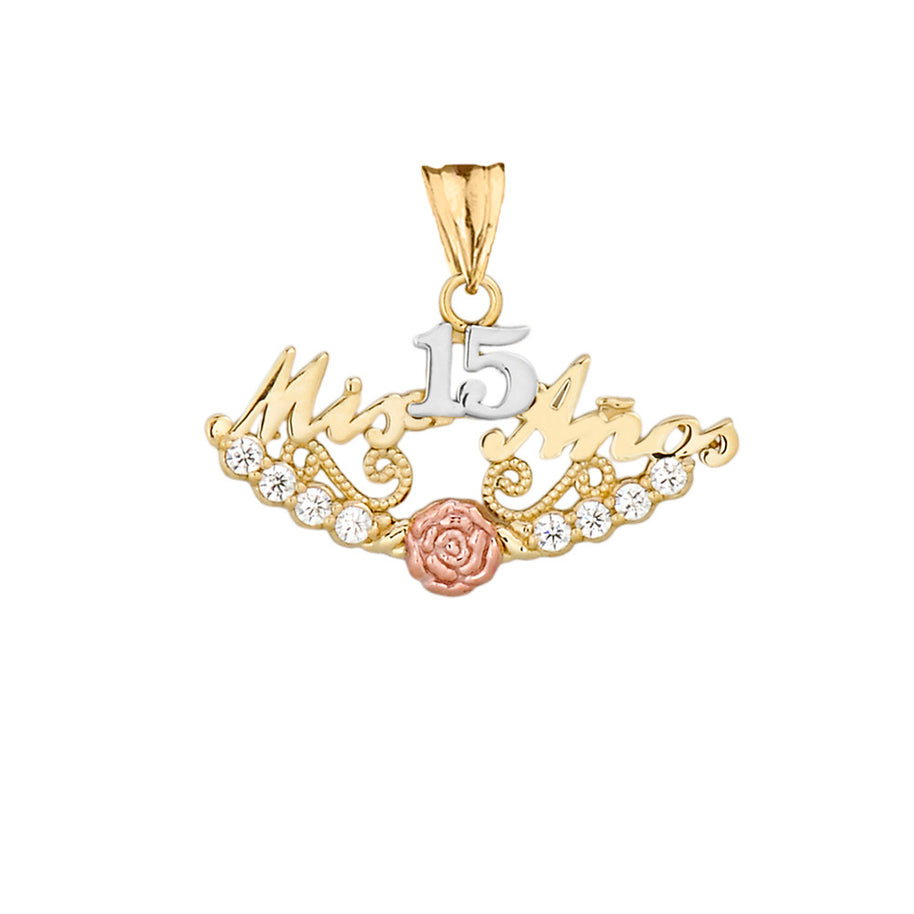 Tri-Color Gold Cubic Zirconia Mis 15 Años Flower Quinceañera Pendant Necklace (Available in Yellow/Rose/White Gold)