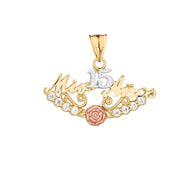 Tri-Color Gold Cubic Zirconia Mis 15 Años Flower Quinceañera Pendant Necklace (Available in Yellow/Rose/White Gold)