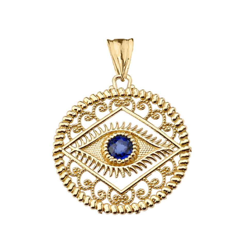 Solid Gold Round Filigree Evil Eye Pendant Necklace(Available In Yellow/Rose/White Gold)