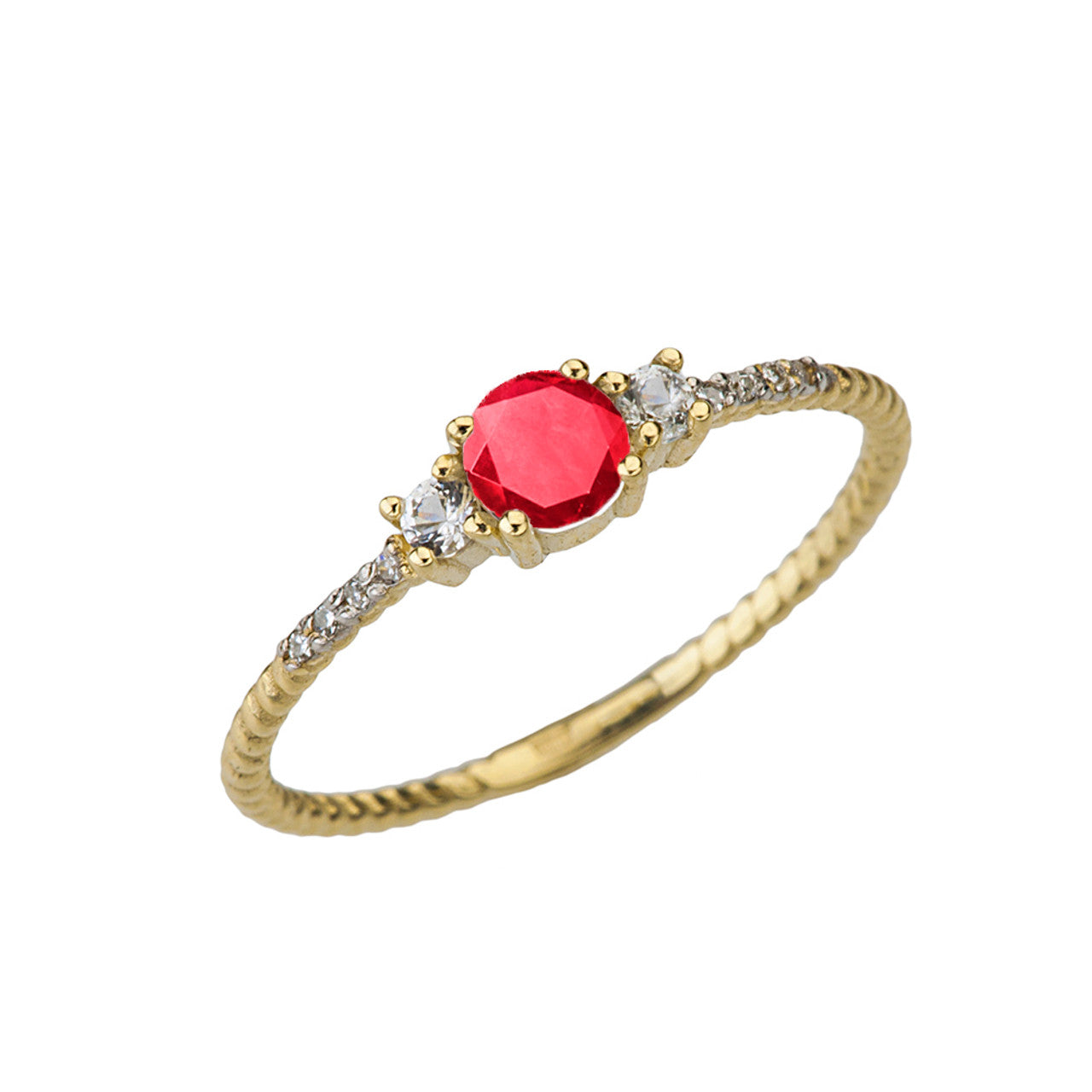 Dainty Elegant Ruby and Diamond Rope Ring in Yellow Gold