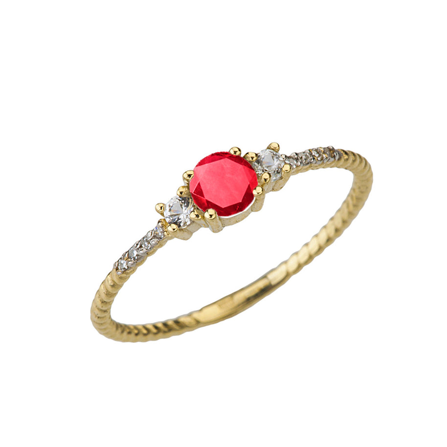 Dainty Elegant Ruby and Diamond Rope Ring in Yellow Gold