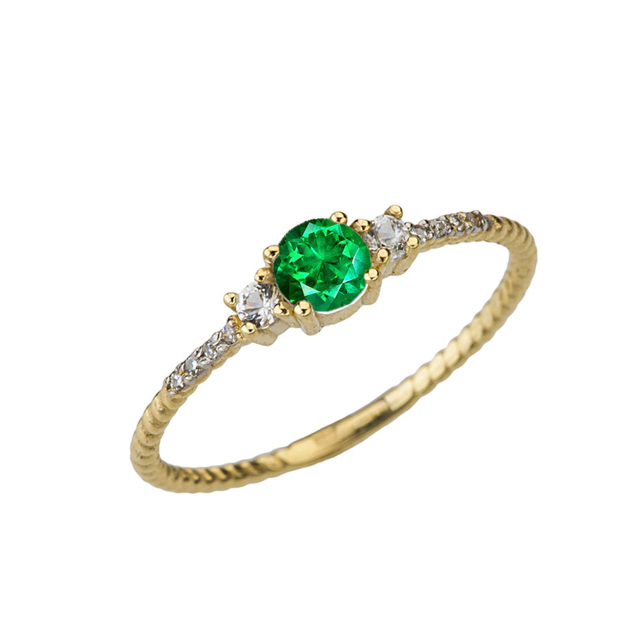 Dainty Elegant Emerald and Diamond Rope Ring in Yellow Gold