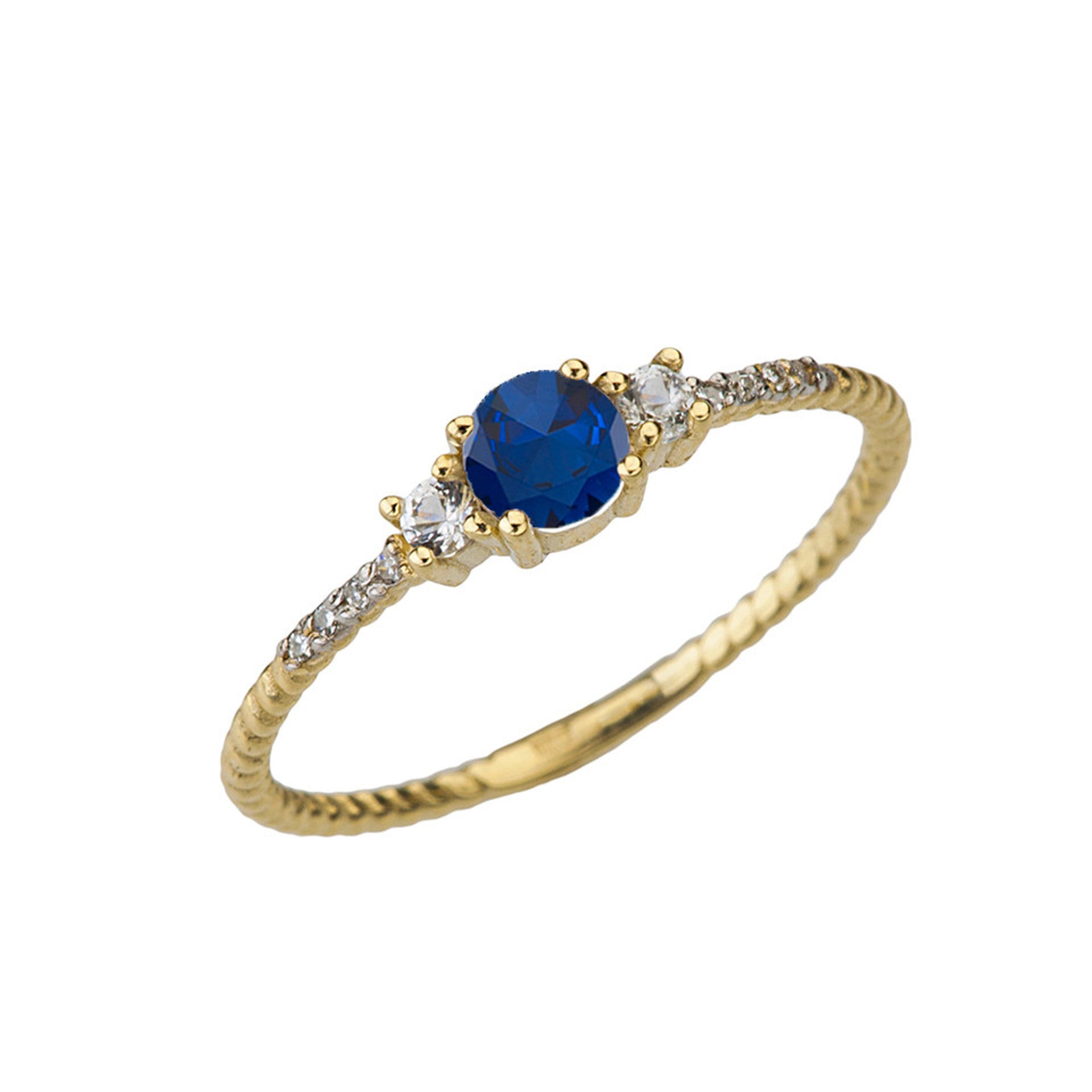 Dainty Elegant Sapphire and Diamond Rope Ring in Yellow Gold