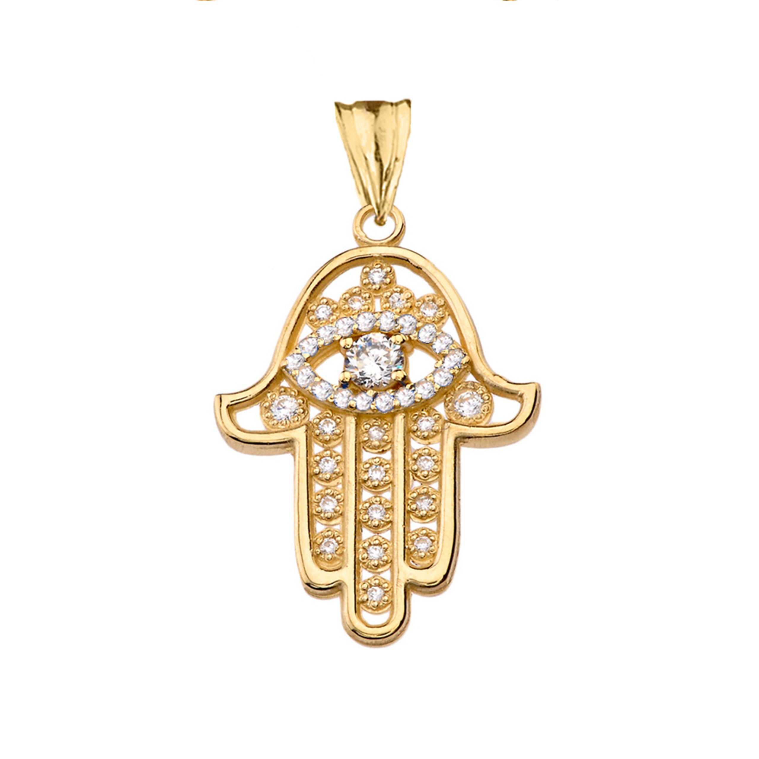 Chic Hamsa Evil Eye Pendant Necklace in Gold (Yellow/Rose/White Gold)