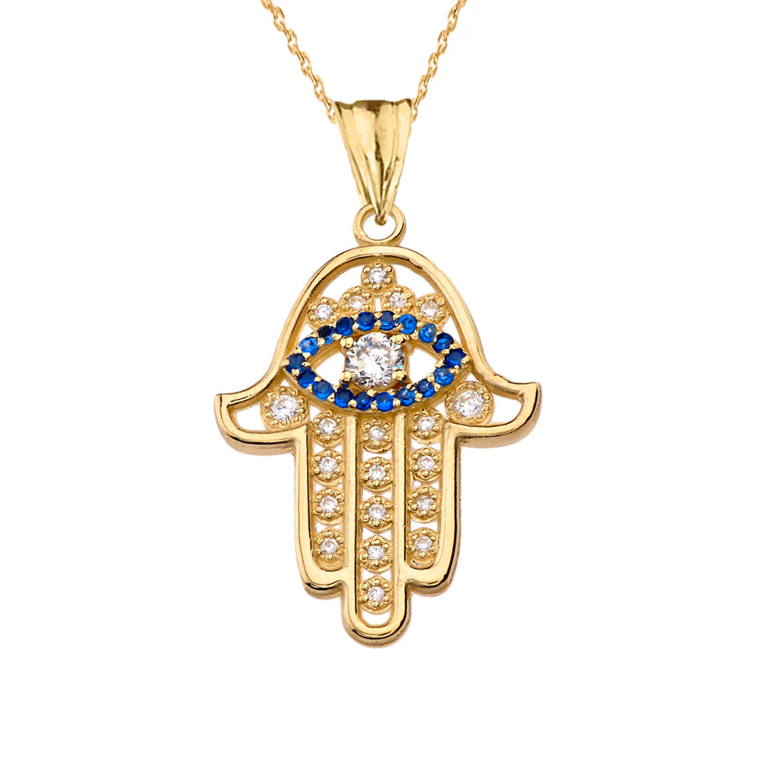 Chic Zirconia & September Birthstone Hamsa Evil Eye Pendant Necklace in Yellow Gold