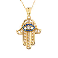 Chic Zirconia & September Birthstone Hamsa Evil Eye Pendant Necklace in Yellow Gold