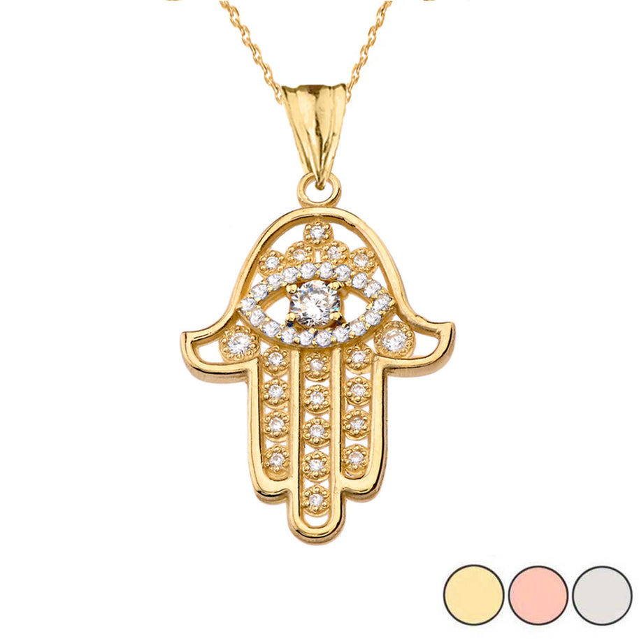 Chic Hamsa Evil Eye Pendant Necklace in Gold (Yellow/Rose/White Gold)