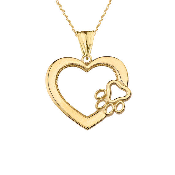 Gold Heart Pet Dog Paw Print Pendant Necklace (Available in Yellow/Rose/White Gold)