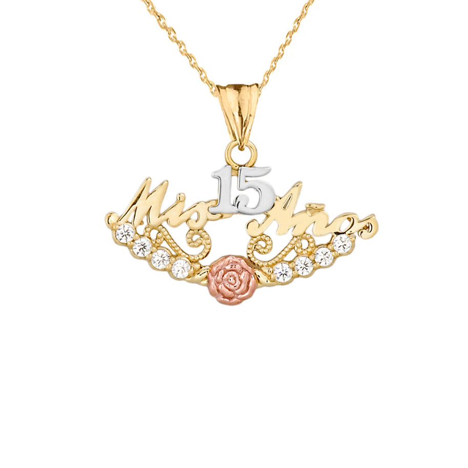 Tri-Color Gold Cubic Zirconia Mis 15 Años Flower Quinceañera Pendant Necklace (Available in Yellow/Rose/White Gold)