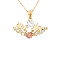 Tri-Color Gold Cubic Zirconia Mis 15 Años Flower Quinceañera Pendant Necklace (Available in Yellow/Rose/White Gold)