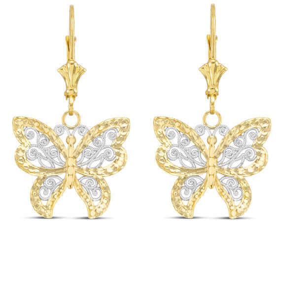 Filigree Butterfly Earrings in Two-Tone Yellow And Rose Gold