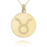 Gold Custom Satin Finish Zodiac Sign Engravable Coin Pendant Necklace (Available in Yellow/Rose/White Gold)