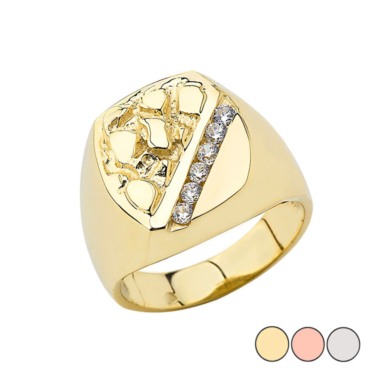 Gold Men's Cubic Zirconia Nugget Striped Signet Ring (Available in Yellow/Rose/White Gold)