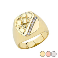 Gold Men's Cubic Zirconia Nugget Striped Signet Ring (Available in Yellow/Rose/White Gold)