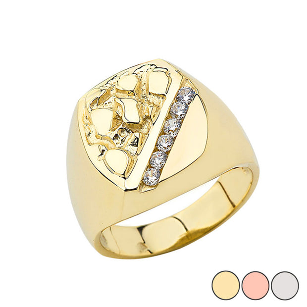 Gold Men's Cubic Zirconia Nugget Striped Signet Ring (Available in Yellow/Rose/White Gold)