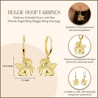 Yellow Gold Cherub Angel Drop Huggie Hoop Earrings