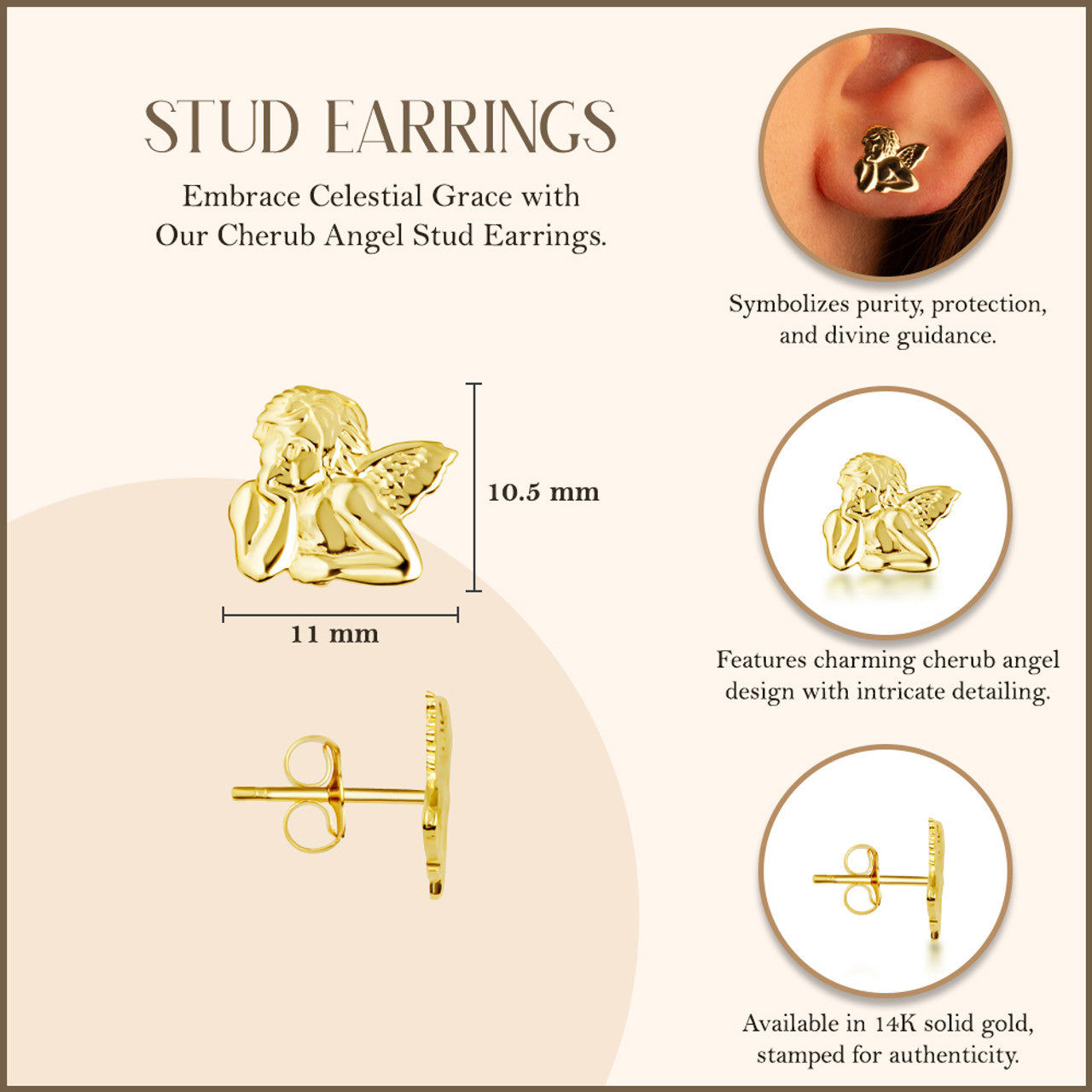 Yellow Gold Cherub Angel Stud Earrings