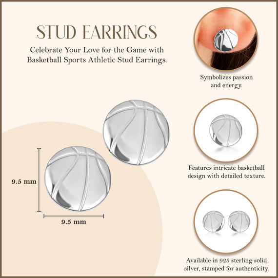 .925 Sterling Silver Basketball Sports Athletic Stud Earrings
