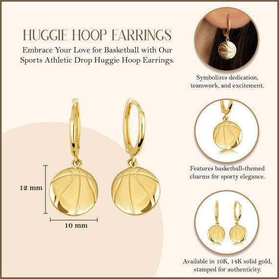 Yellow Gold Basketball Sports Athletic Drop Huggie Hoop Earrings