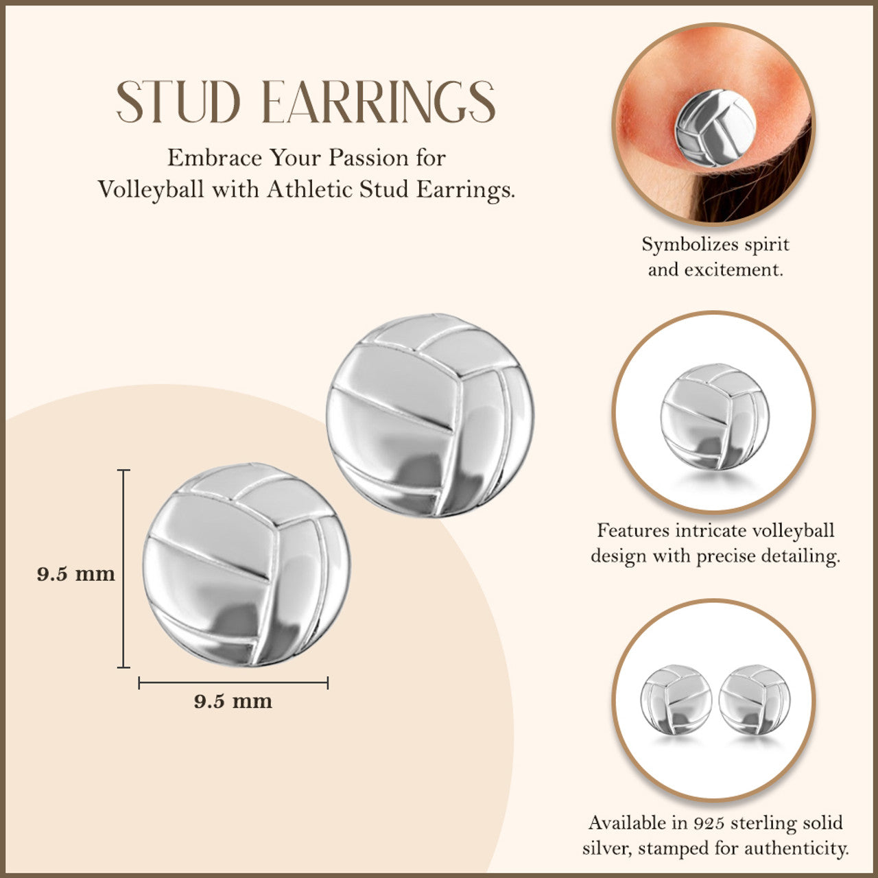 9.25 Sterling Silver Volleyball Sports Athletic Stud Earrings