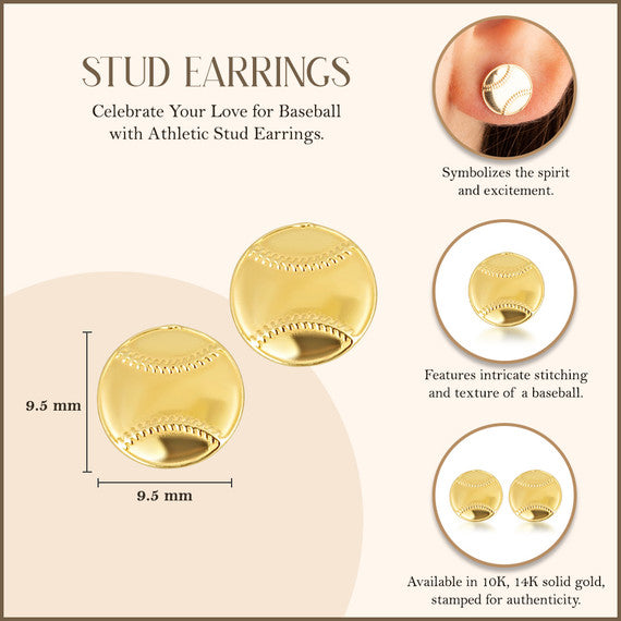 Yellow Gold Baseball Sports Athletic Stud Earrings