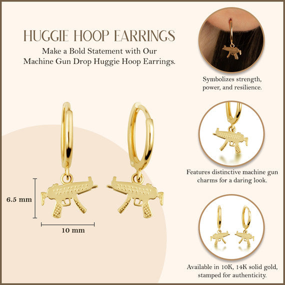 Yellow Gold Machine Gun Drop Huggie Hoop Earrings