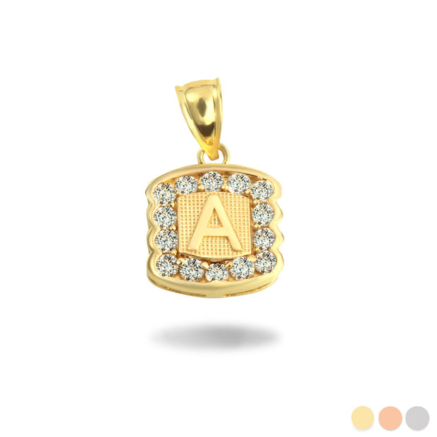 Gold Hammered CZ Initial Letter Pendant Necklace