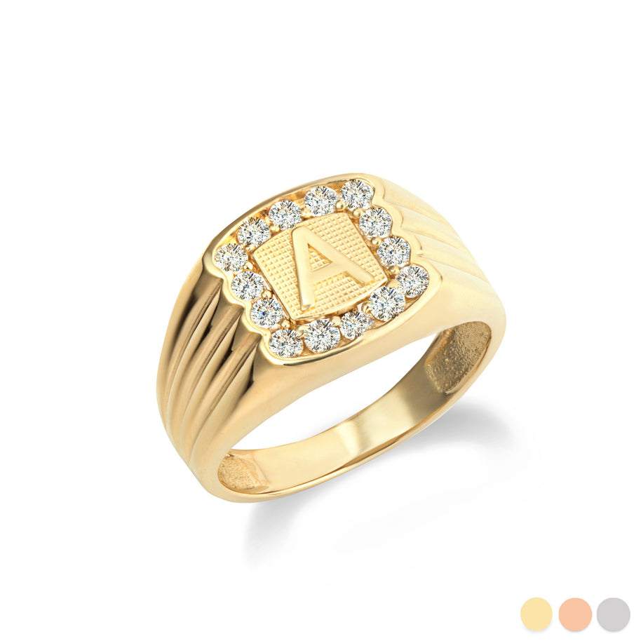 Gold Cubic Zirconia Letter "A-Z" Initial Signet Ring (Available in Yellow/Rose/White Gold)