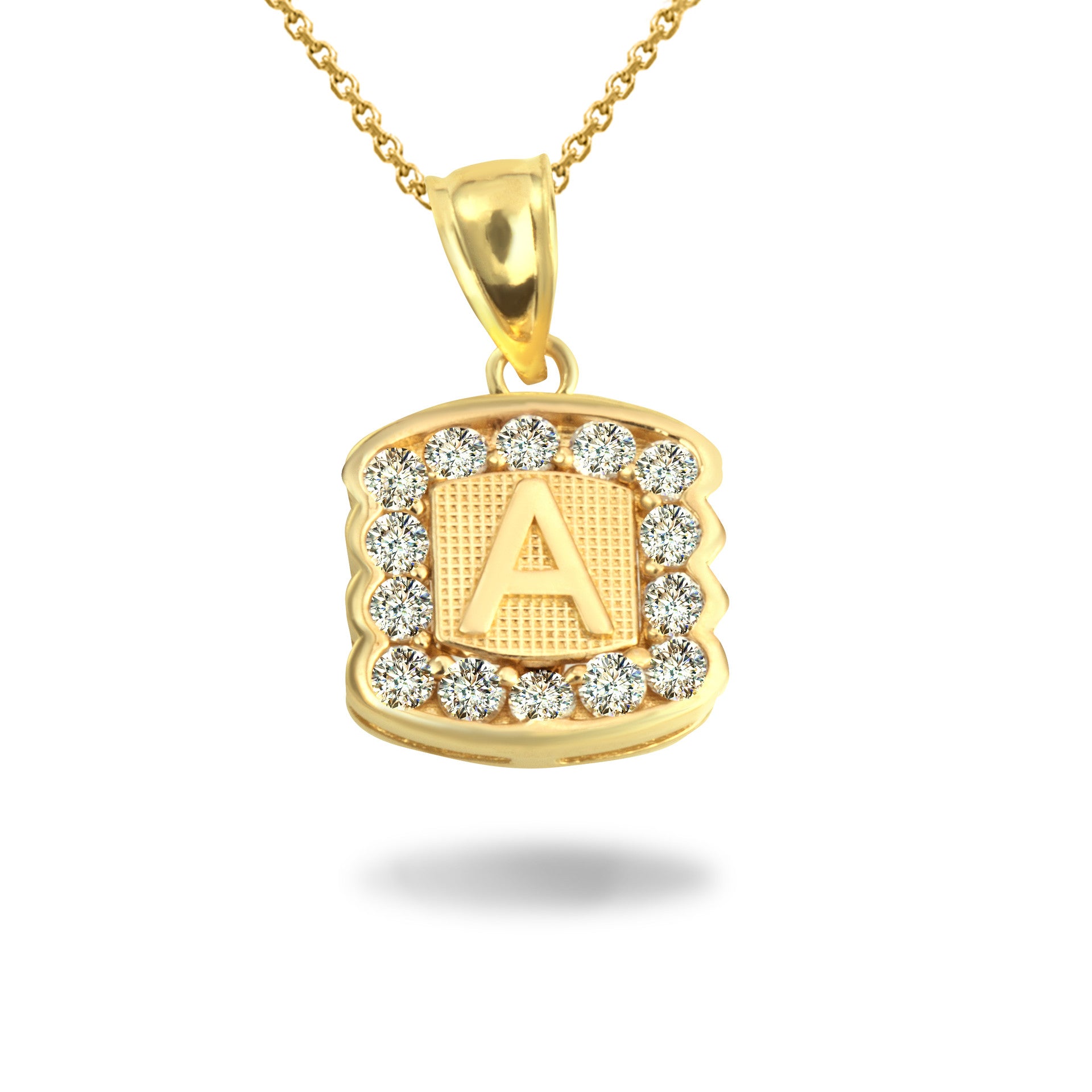 Gold Hammered CZ Initial Letter Pendant Necklace
