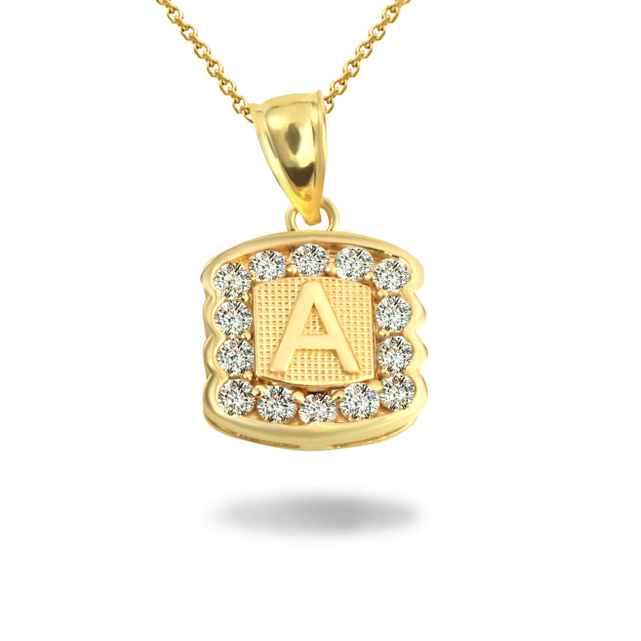 Gold Hammered CZ Initial Letter Pendant Necklace